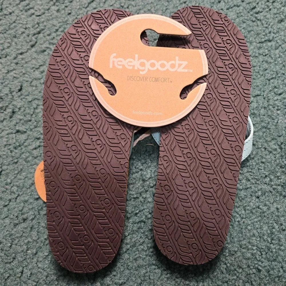 Feelgoodz Slim Kinderz Womens 10 Seabreeze Leather Natural Rubber Flip Flops NWT - Picture 3 of 4